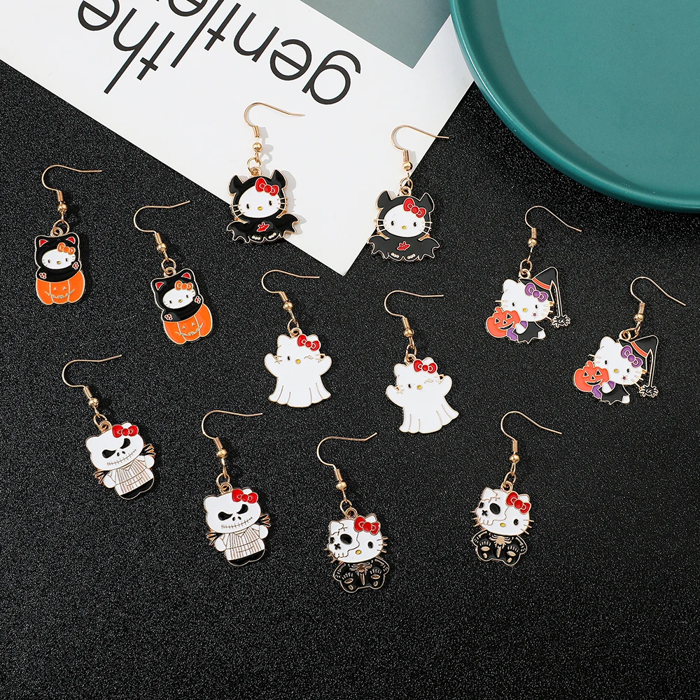 Sanrio Hello Kitty Halloween Cartoon Character Earrings for Women And Girls Demon Ghost Design Party Fashion Jewelry Accessory