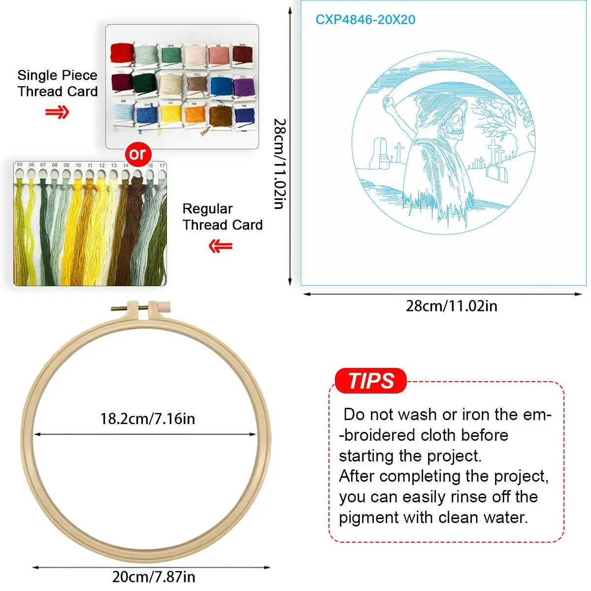 1 Stück 20X20CM/15X15CM 7,87/6,3 Zoll Todesmotiv-Stickerei-Starter-Kit DIY-Kit DIY-Stickerei-Set Handarbeiten Nadelkunst Malerei – Detail 5