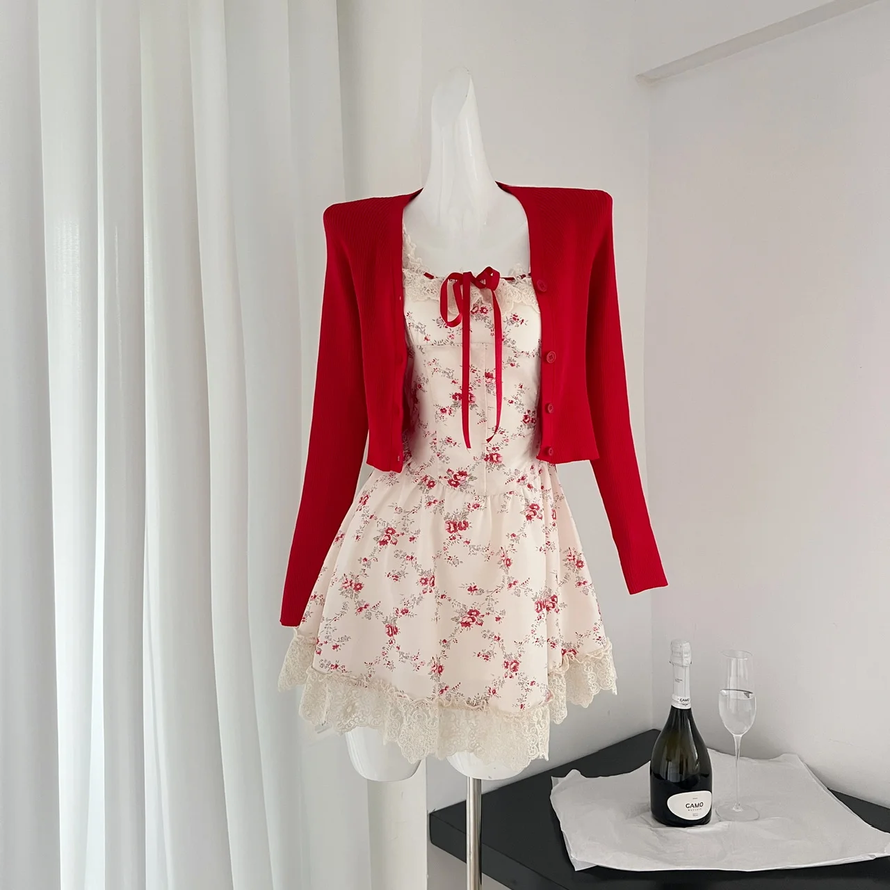 Sweet Cottagecore New Two Piece Set Women New Red Knitted Cardigan +Cute Mini Dress Female Floral Print Casual Floral Dress Suit