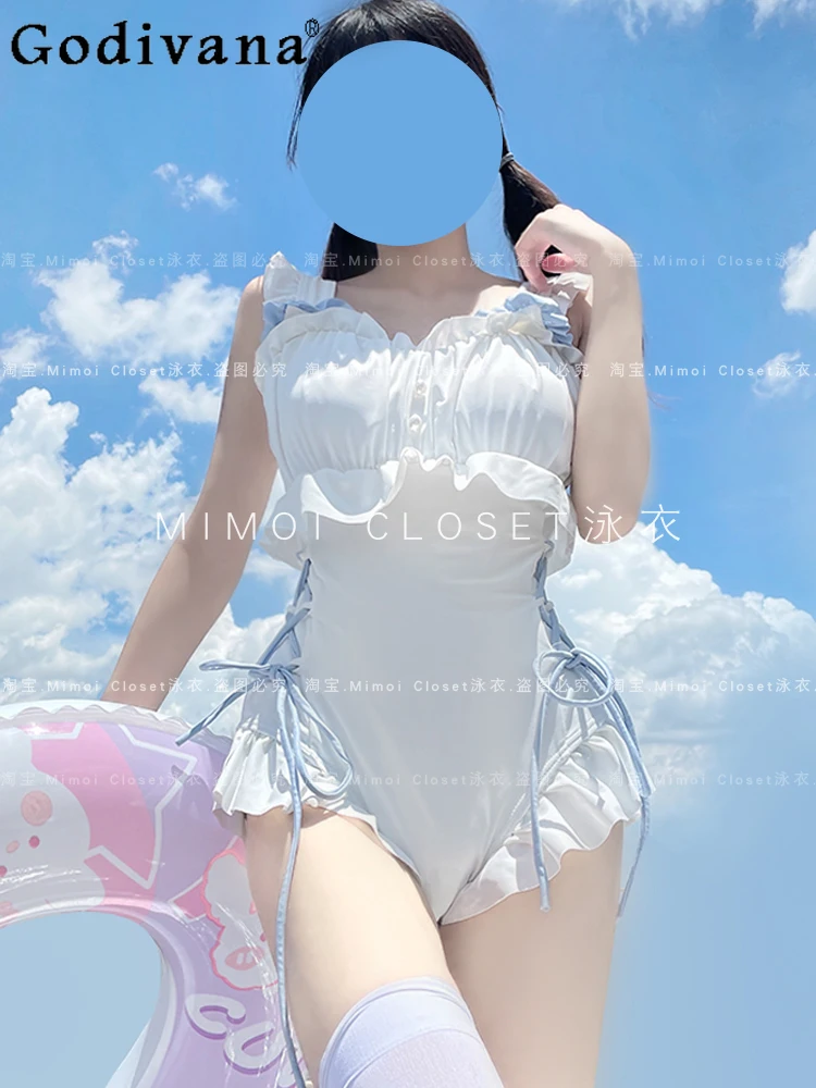 White Cute Girl Japanese Swimwear One-Piece Ruffled Edge Sexy Casual Beach Wear Summer High Waist Kawaii Bathing Clother Women