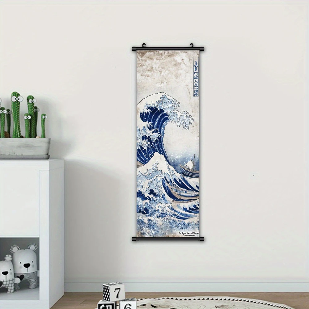 Kanagawa Surfing Scroll Tapestry, Japanese Ukiyo-e Wave Scroll Narrow Wall Hanging, Home Decor