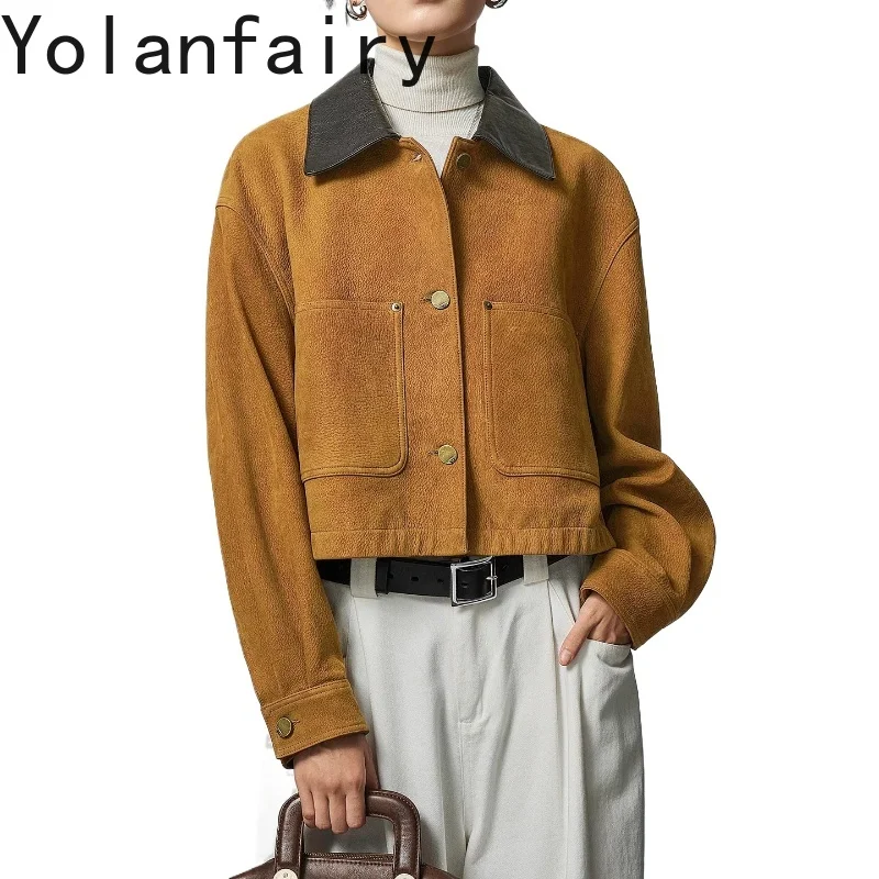 YOLANFAIRY Luxury Suede Goatskin Genuine Leather Jacket Women Elegant Short Real Woman Leather Coats High Quality кожаная куртка