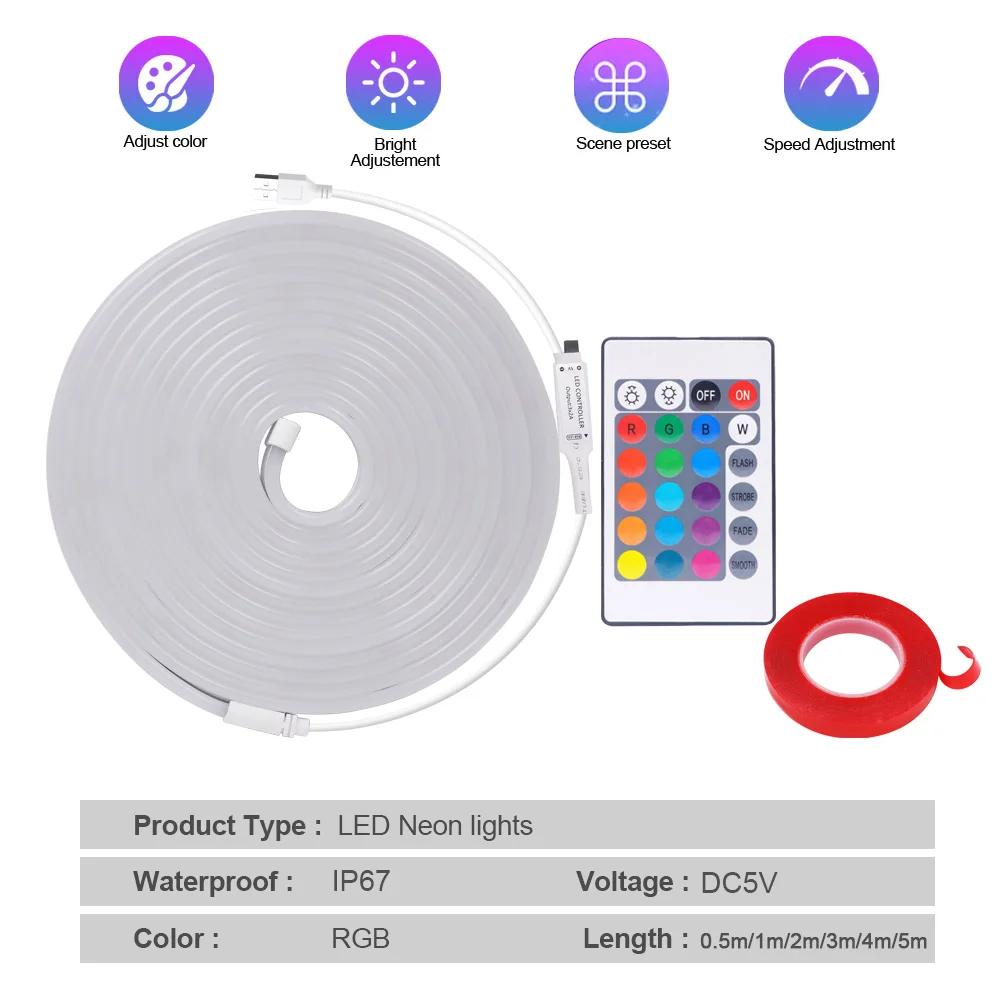 5V RGB Led Neon Strip Rope Light 24key Remote Control USB Kit with Adhesive Flexible Tape 1m 2m 5m 3535 108LED/m Home Decoration