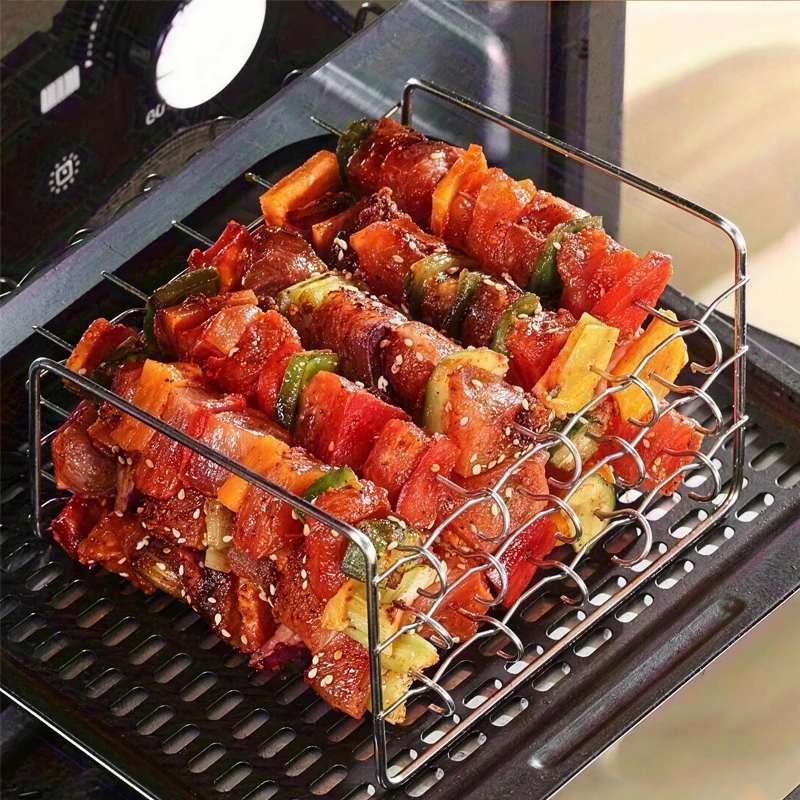 Stainless Steel Air Fryer Grill with Barbecue Stick Kitchen Air Fryer Rack 3 Layer Oven Cooking Vertical Grill with Skewers