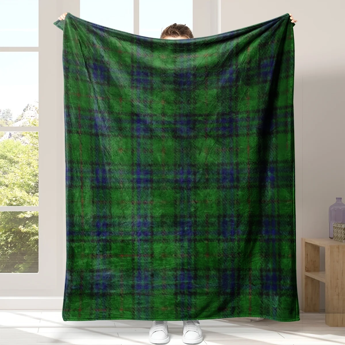 Rustic Green Plaid Flannel Throw - Soft Sofa Cover, All-Season Allergen-Free, Machine Washable, Multi-Purpose Home Bedding