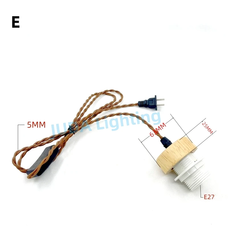 

E27 Socket Lamp Holder Vintage Walnut Wood Color Pendant Light Retro Chandelier Twist Wire Hemp Rope Braided Wire Lampshade DIY