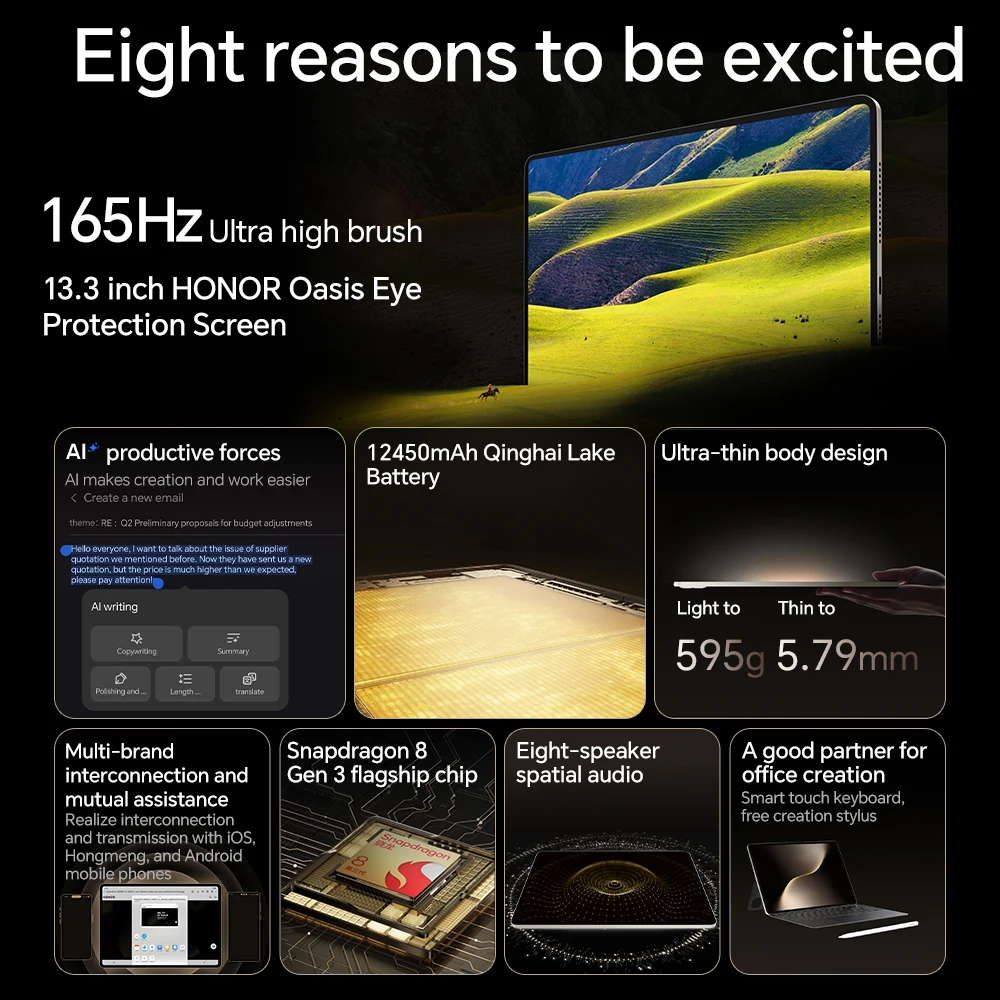 2025 New China Version HONOR MagicPad 3 13.3'' 165Hz LCD Screen Snapdragon 8 Gen 3 12450mAh Large Battery 66W SuperCharge