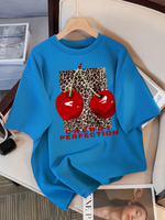 Fashion Leopard And Cherry Perfection Pattern T Shirt Women Summer Soft Tops Cotton All-Match Short Sleeve O-Neck Loose T-Shirts