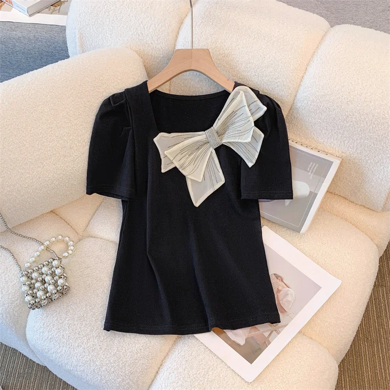 Oversize Elegant Sweater Women Stylish Korean Fashion Ladies Pullover Tops Summer Bow Collar Short Sleeve Chic Jumper