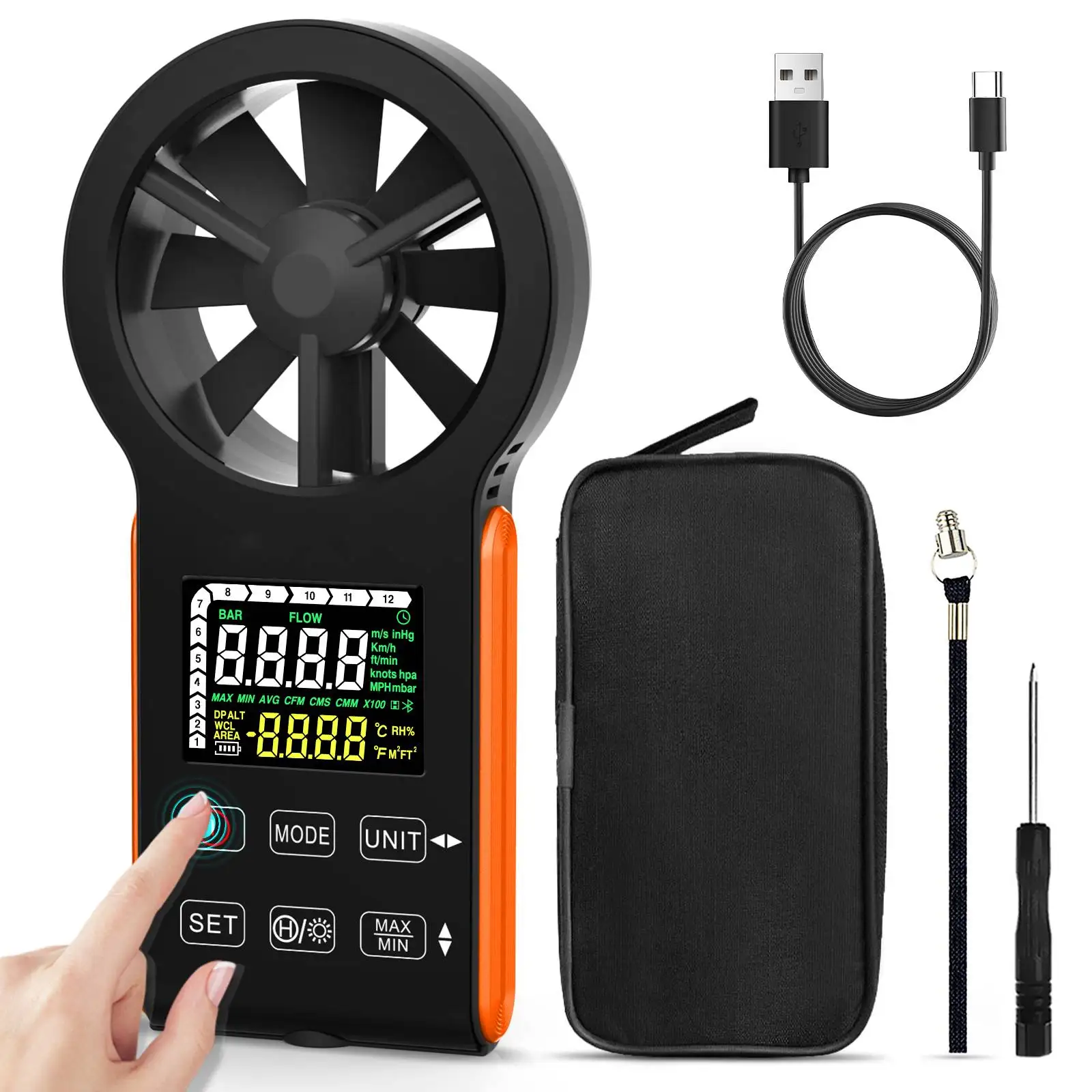 

CFM Air Flow Meter Anemometer Handheld, Wind Speed Checker HVAC Gauge Measuring 0~999900 CMS/CMM/CFM, Temp, Air Speed with MAX