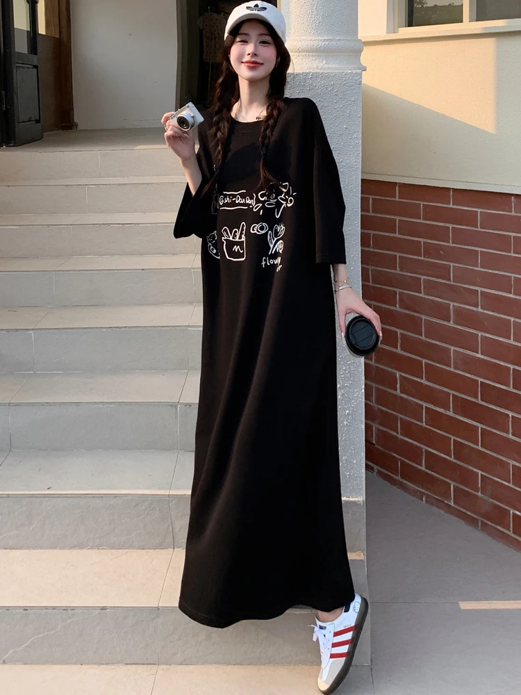 NYFS 2025 فستان صيفي نسائي مطبوع على الطراز الكوري فضفاض مقاس كبير بأكمام قصيرة فستان طويل رداء Elbise