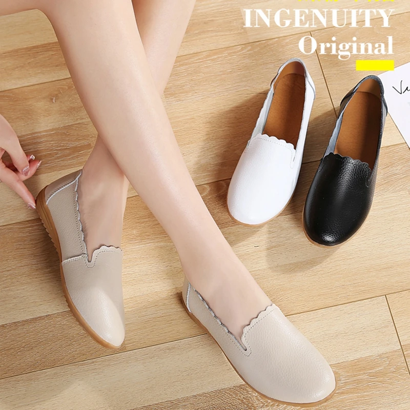 Women's Girl's Lightweight Leather Walking Casual Shoes Silp-on Body Shaping White Black Beige for Office Lady Spring Autumn