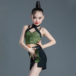 Kids Competition Dance Clothes Girls Leopard Latin Top Skirt Ballroom Dance Competition Costume Stage Performance Wear SL9599