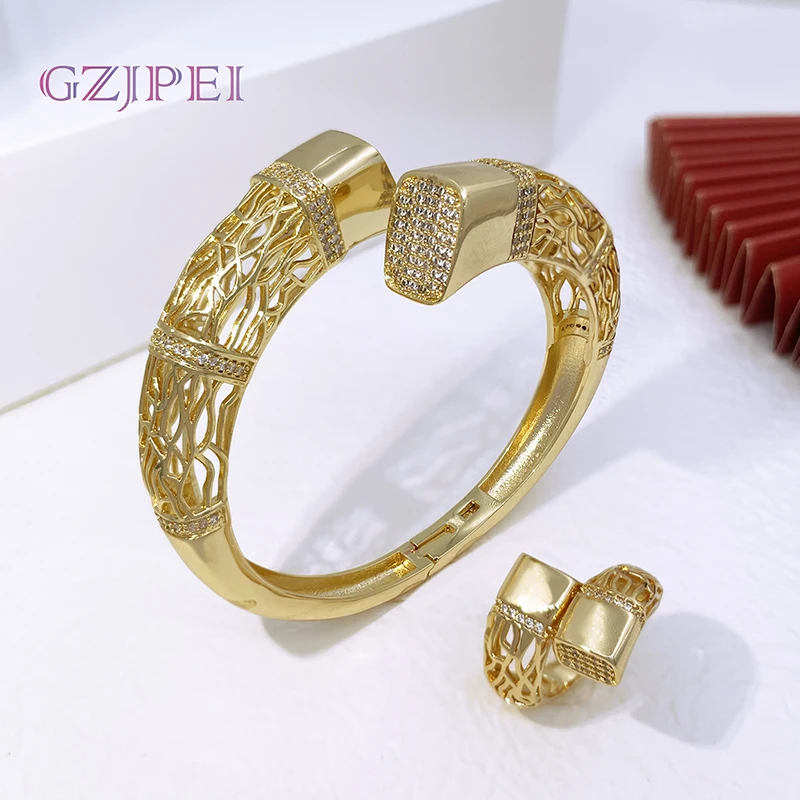 Gold Plated Bangle And Ring Set Luxury Design Copper Zircon Bracelet For Women Fashion Jewelry Trending Wedding Party Gift