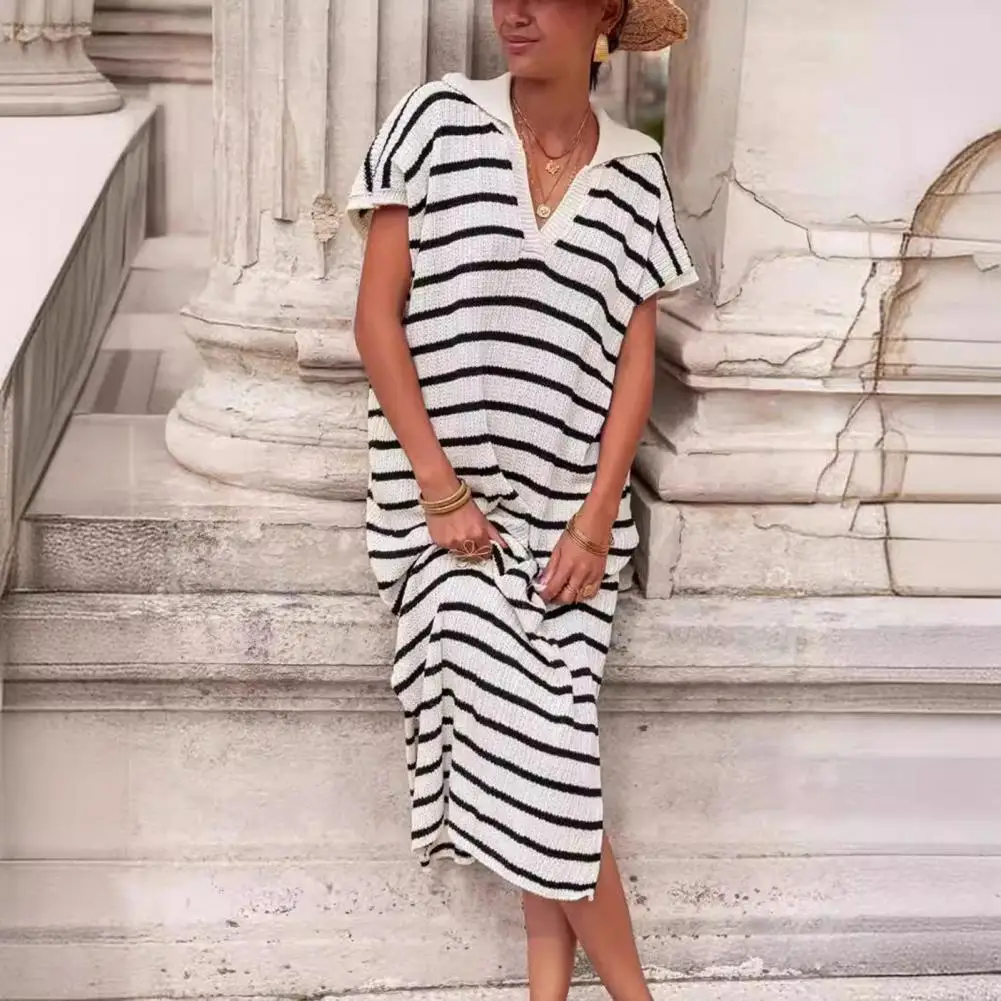 

Striped Midi Dress V Neck Collared Midi Dress Striped V Neck Midi Dress for Women Summer Pullover with Split Hem Short for Wear