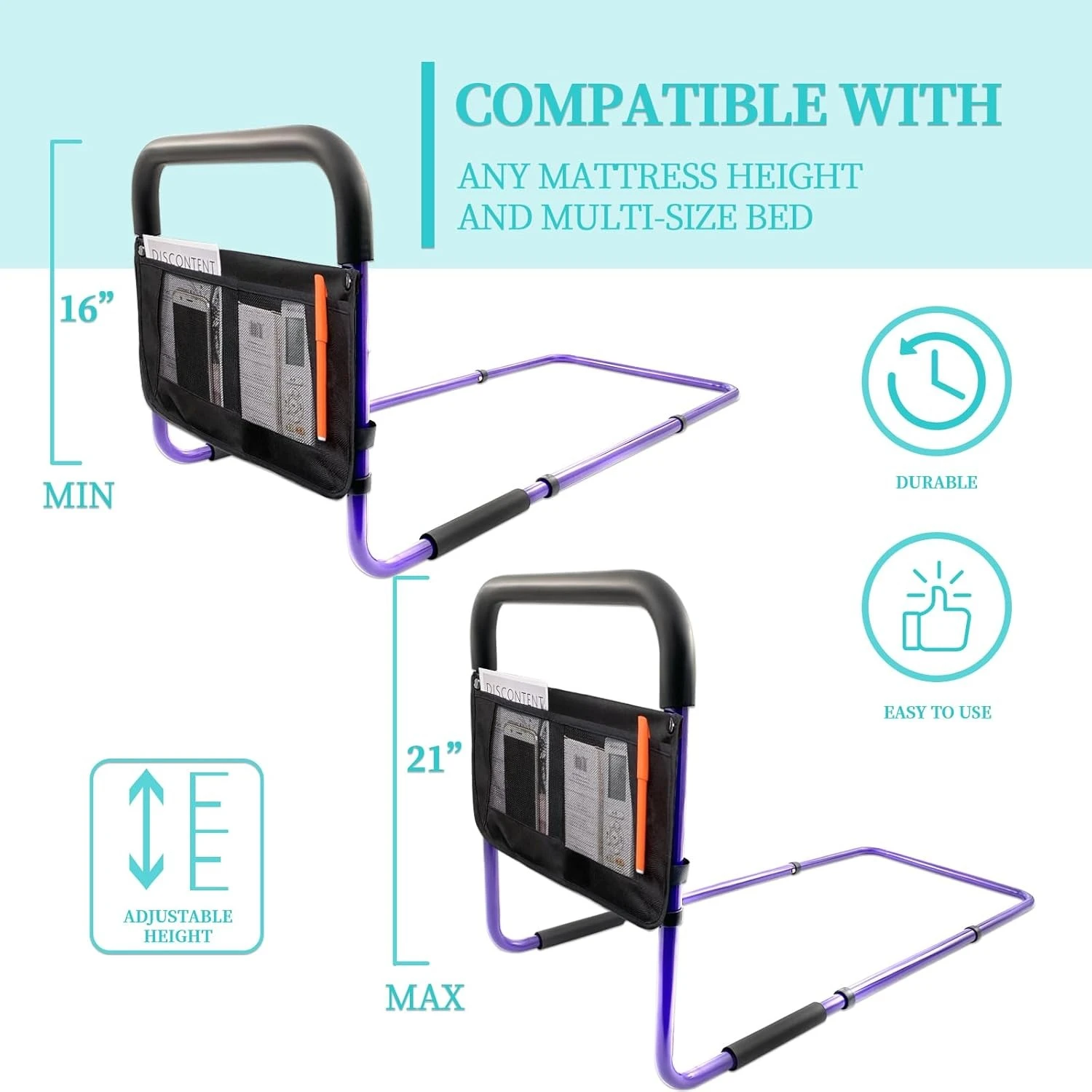 Bed Rails for Elderly Adults Safety with Adjustable Heights Storage Pocket Assist Support Side Railings for Seniors Citizens