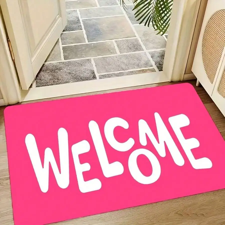 

Bright Pink Welcome Doormat, Bold White Lettering Non-Slip Rug for Front Door Entryway, Modern Home Decor