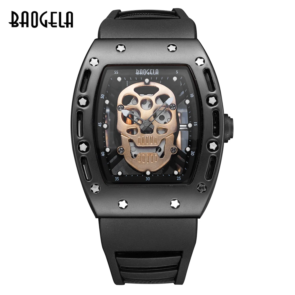 Montre de sport à cadran creux pour homme, carillon noir, or rose, tête de mort, bracelet en silicone, quartz, grand poignet