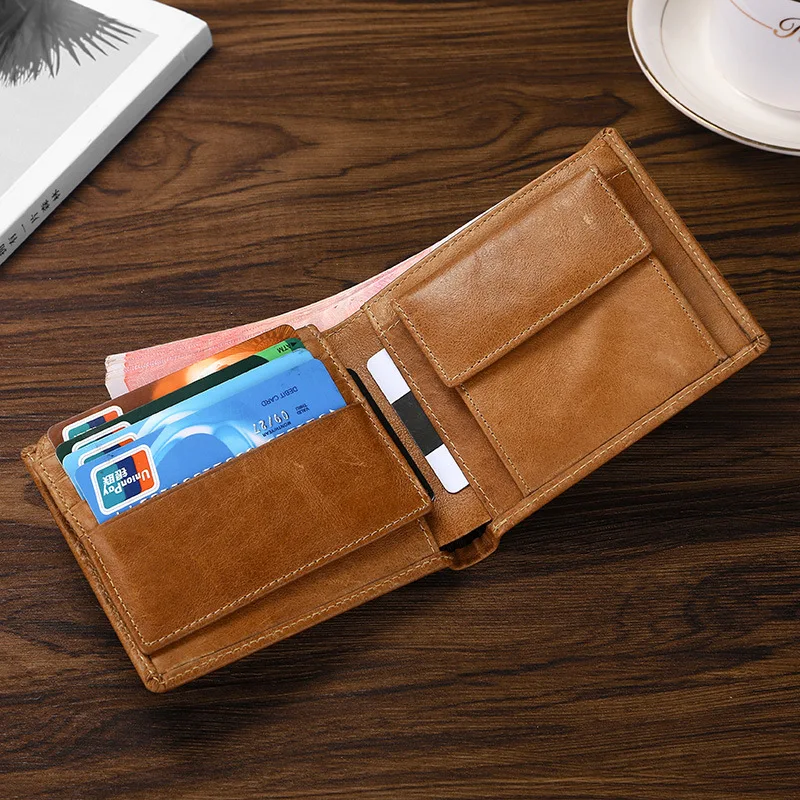 Genuine Leather Men Wallet Vintage RFID Cowhide Short Wallet Trifold Card Holder Luxury Design Male Purse with Coin Pocket