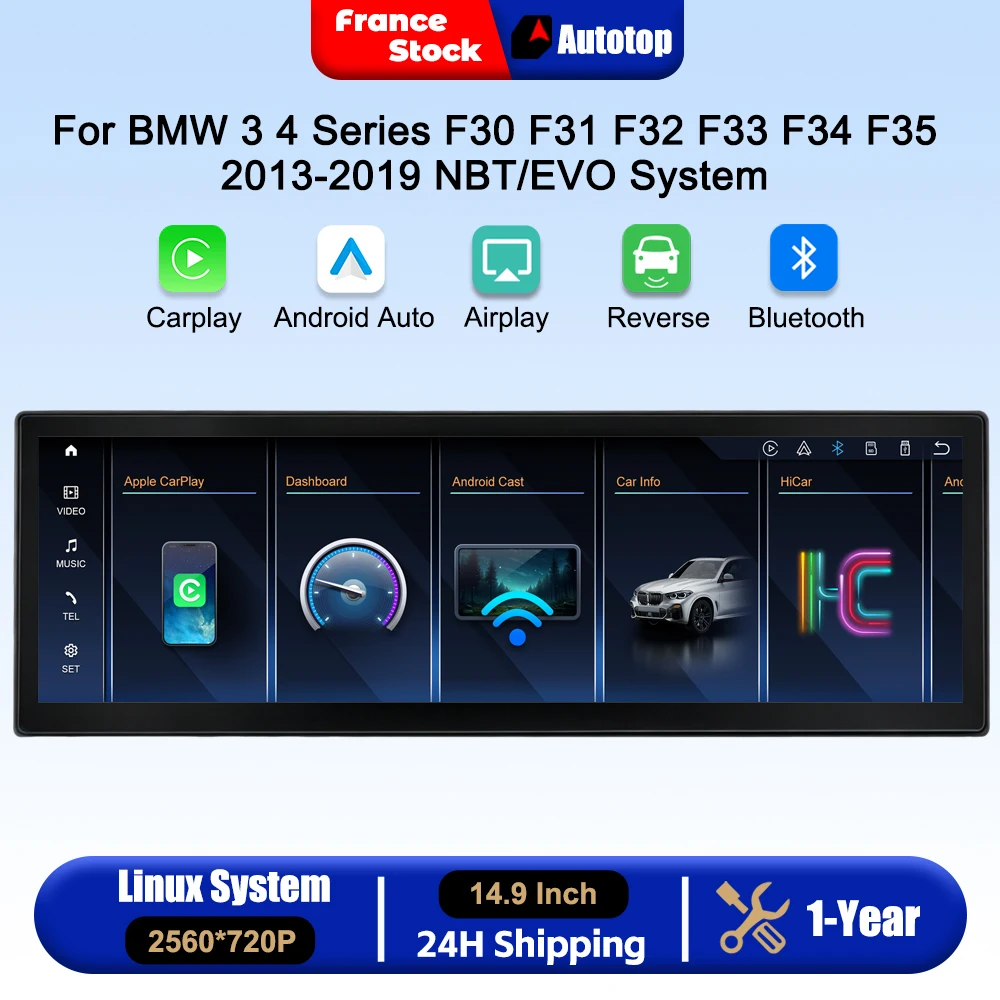 14.9 Inch 2560*720P Wireless CarPlay Android Auto Linux Car Radio For BMW 3 4 Series F30 F31 F32 F33 F34 F35 NBT/EVO System 2013-2019 Multimedia Video Player Touch Screen With Airplay Autolink Mirror Link WiFi Bluetooth GPS Navigation Navi