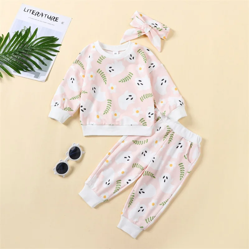 

BeQeuewll Baby Girls Outfit Ghost Flower Print Print Long Sleeve Crew Neck Sweatshirt Sweatpants Headband Halloween Clothes