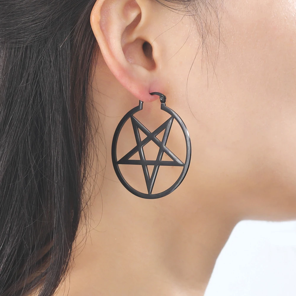 Goth Earrings for Women Stainless Steel Geometric Hoop Earrings Filigree Pentagram Earrings Viking Jewelry Gothic Halloween Gift