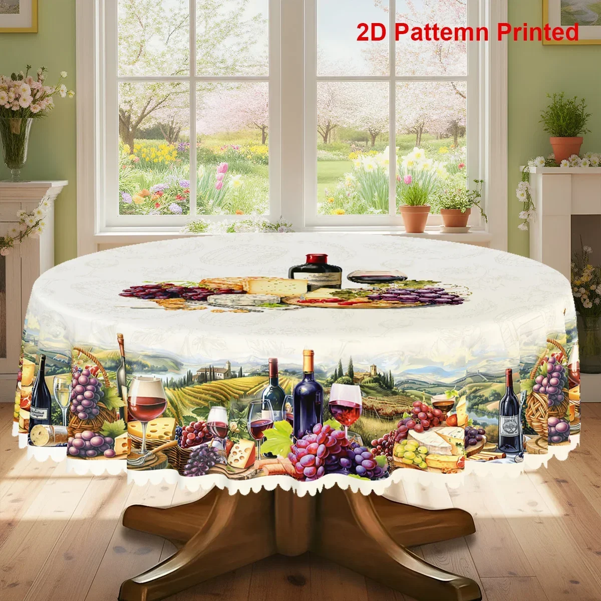 One item, a wine-themed party tablecloth with a rustic style print featuring red wine, bread, grapes and a countryside sceneyzb)