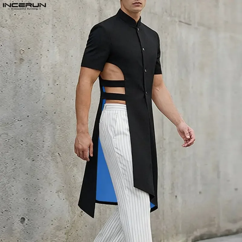 

INCERUN Men Shirt Patchwork Color-block Lapel Short Sleeve Men Clothing Streetwear 2026 Hollow Out Fashion Long Style Tops S-5XL