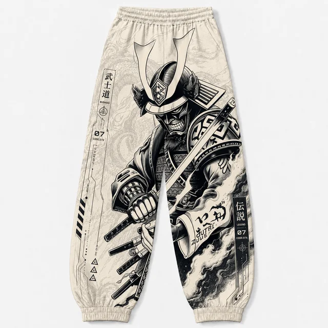 Retro Japanese Samurai-style Sweatpants Featuring Bushido Warrior and Katana Prints; Drawstring Streetwear Training Pants.