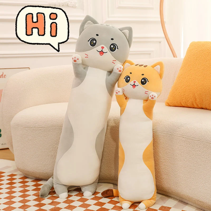 Peluche Chat Géante – Oreiller Long 110 Cm – Yeux Fermés – Beige – Doux Et élastique – Pour Enfants Et Adultes – 3 Tailles Disponibles