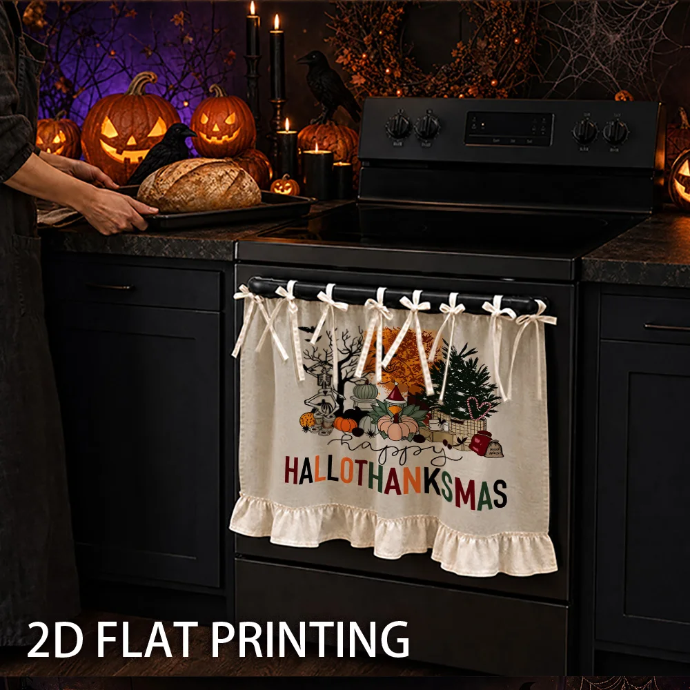 1PC kitchen stove curtain, cabinet curtain, apron. Featuring a 2D graphic print design with skull, pumpkin and Christmas tree gr