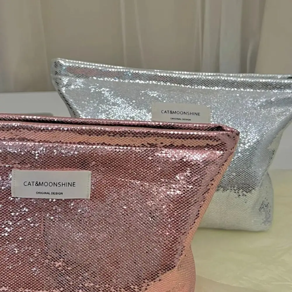 Fashion Shiny Sequins Makeup Bag Champagne Solid Color Cosmetic Bag Silver Toiletries Skincare Storage Bag Women