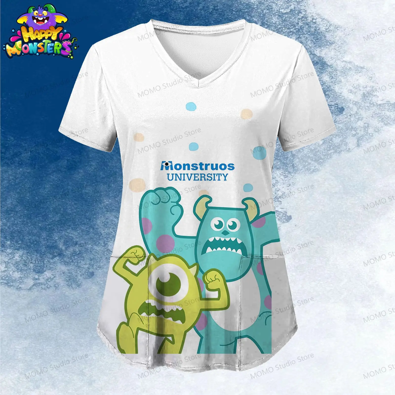 Pocket Disney Monsters Inc. Women's V Neck Nurse Uniform T-Shirt Short Sleeve Tee Y2k Woman Clothing Kawaii Tops 2024 S-2XL 2024