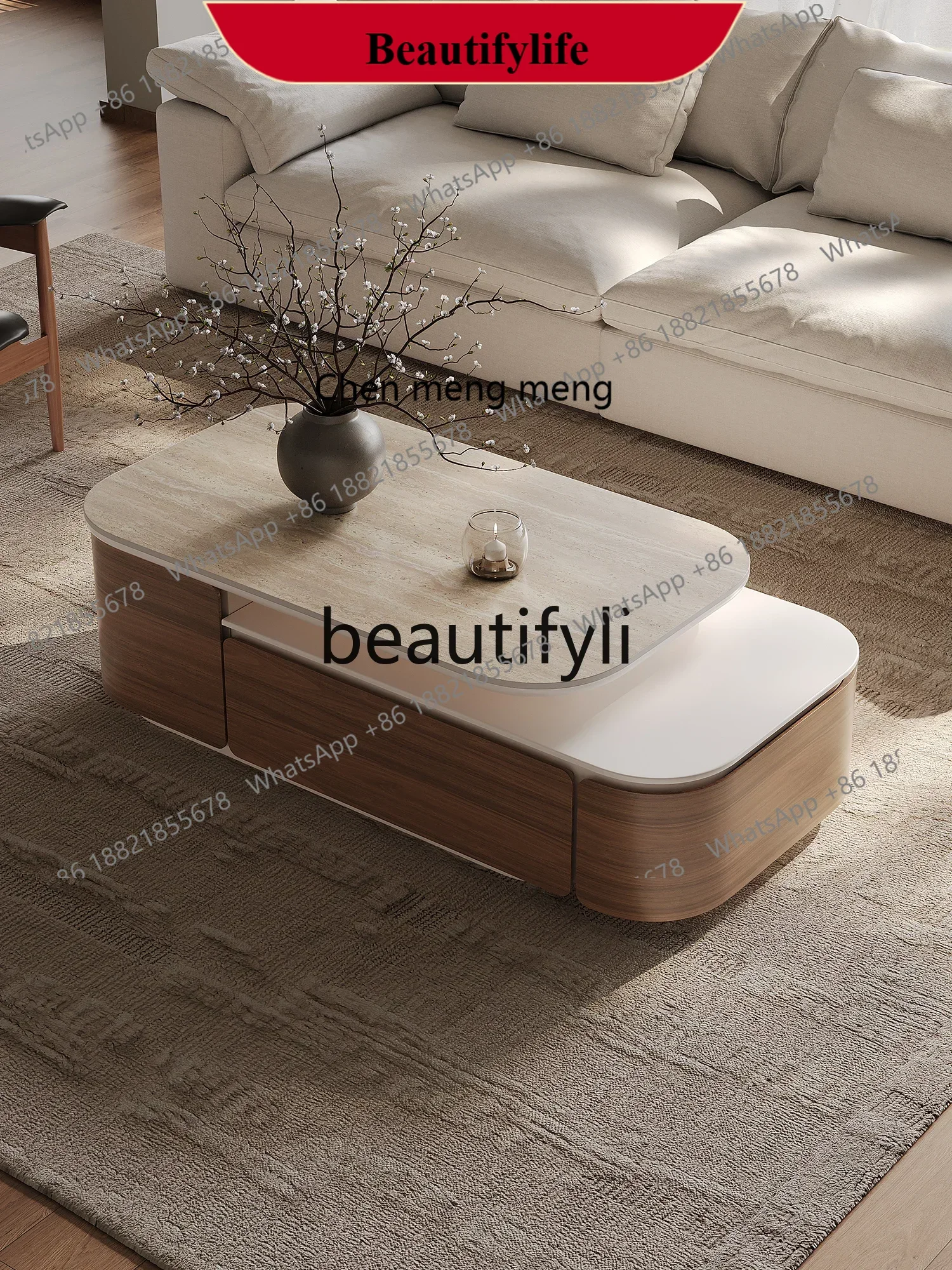 D178  Retractable coffee table living room premium square solid wood light luxury French high-end cave stone table