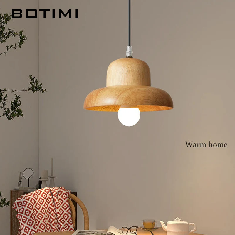 BOTIMI Single Solid Wood LED Pendant Light For Dining Wire Hanging Kitchen Lustre Kitchen Luminaire Island Suspension Lighting
