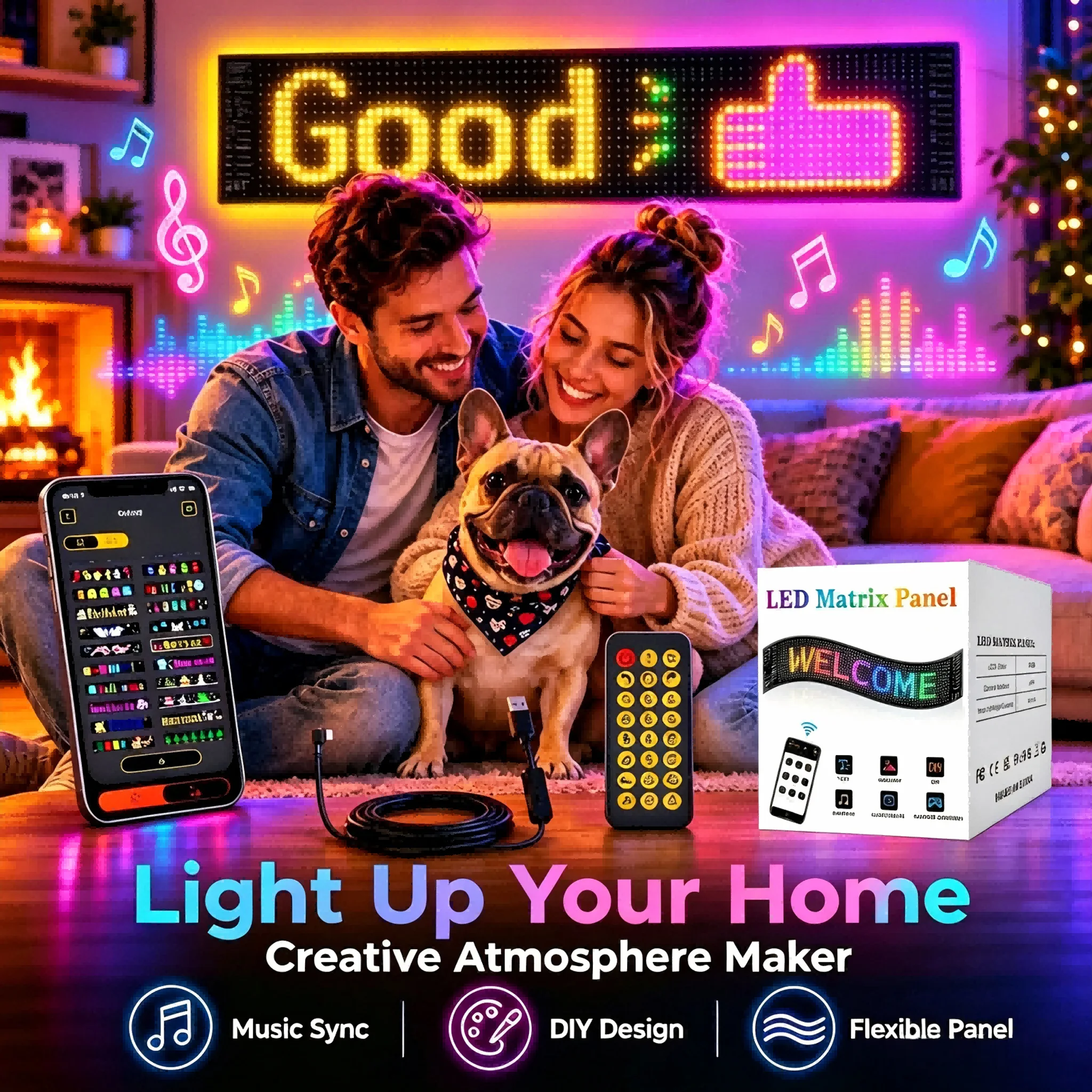 Flexible LED Display Panel, USB Powered, APP + Remote, Custom Text/Animation, Music Sync, Clock Mode, for Car, Shop, Party, Home