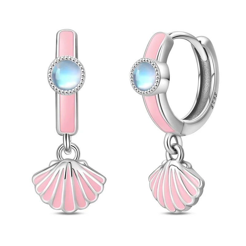 Hot Sales 925 Sterling Silver Pink Shell Hoop Earrings Sparkling Zircon Earrings For Women Fine Birthday Anniversary Jewelry