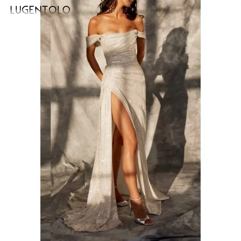 

Women Sexy Party Dress Bright Silk Shiny Off Shoulder High Waist Lady Strapless Split Hem Silver Big Swing Elegant Slim Cloth