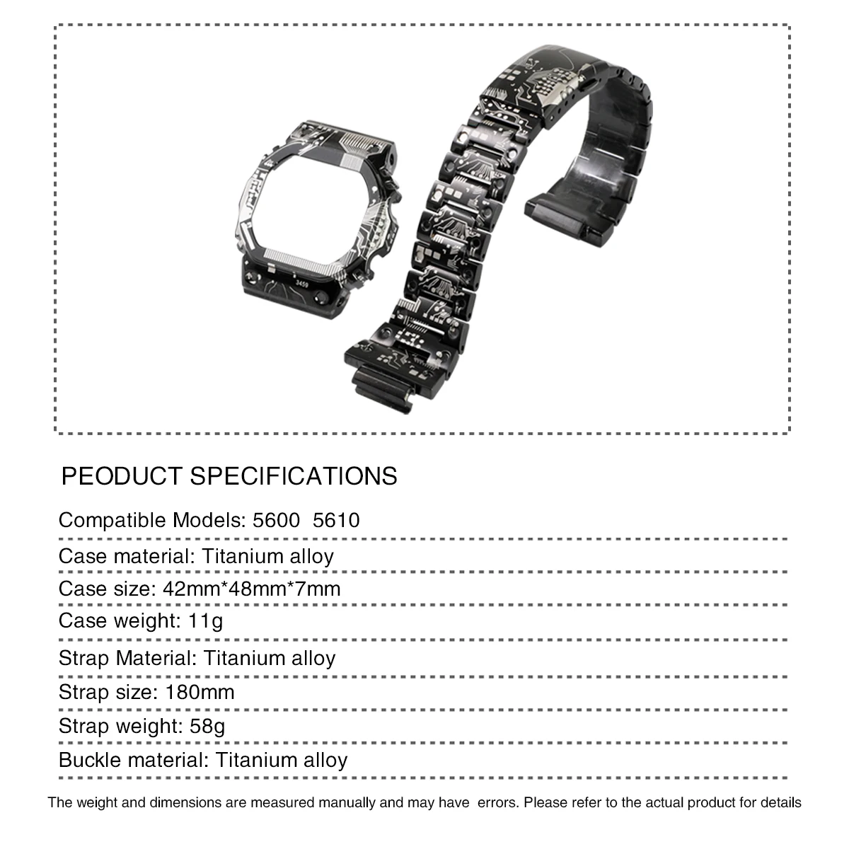 Titanium alloy watch case, strap, and watch modification accessories compatible with the 5600 5610 model.