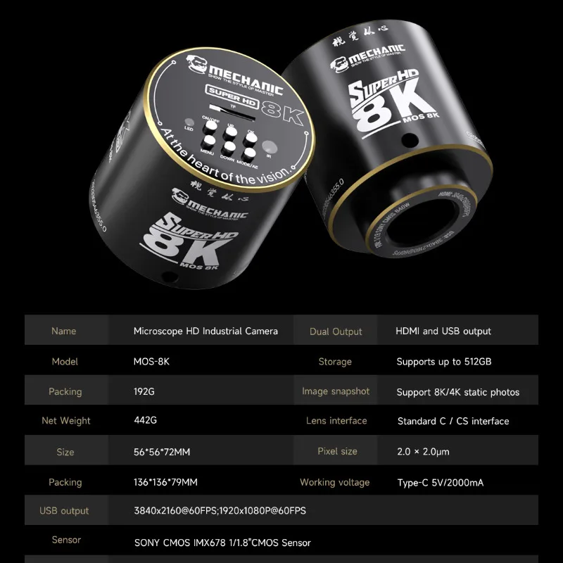 ميكانيكي MOS-8K HD كاميرا مجهرية رقمية سوني IMX678 1/1.8 "عدسة CMOS متوافقة PCB لوحة دوائر كهربائية إصلاح وفحص ذاتي الصنع