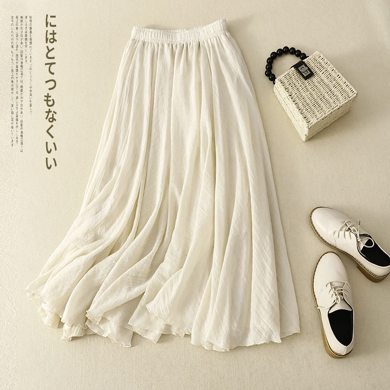 2023 Summer Linen Cotton Ruffled Double-layer Skirt Elasticated Waist A-line Midi Long Skirt Casual