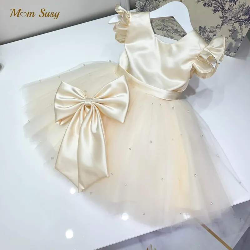 

Baby Girl Princess Pearl Beading Satin Tutu Dress Fly Sleeve Child Vintage Big Bow Vestido Party Pageant Birthday Frocks 1-14Y