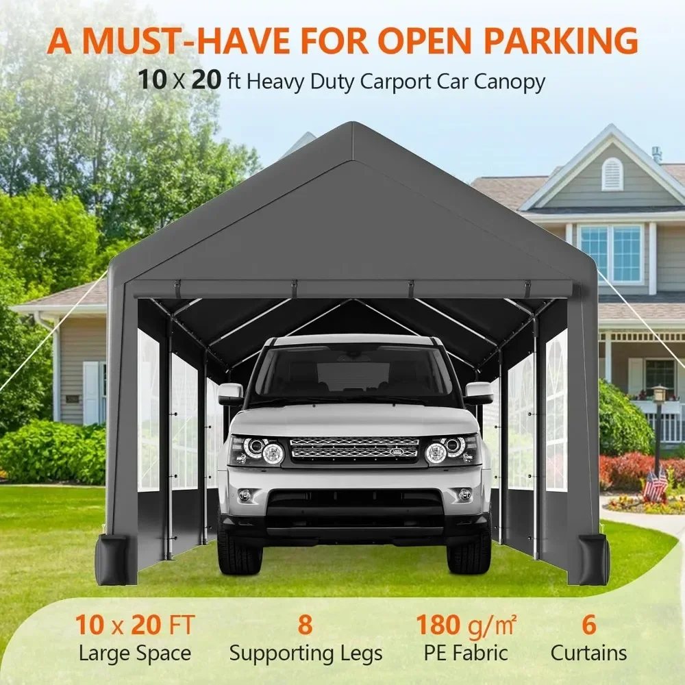 10 * 20 Heavy Duty Carport Canopy, Portable Car Tent Garage with 6 Roll-Up Windows and All-Season Tarp Cover, Metal Roof