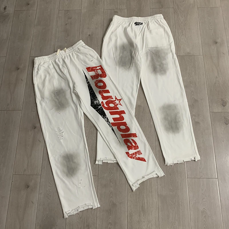 Rough Play Men Vintage Washed Distressed Ripped Sweatpants Splash Ink Graphic Print Raw Hem Straight Casual Trousers
