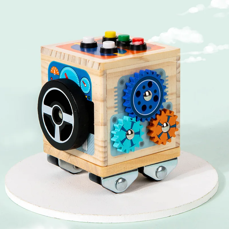 

Puzzle toy Montessori children's wooden busy block small car light steering wheel gear toy