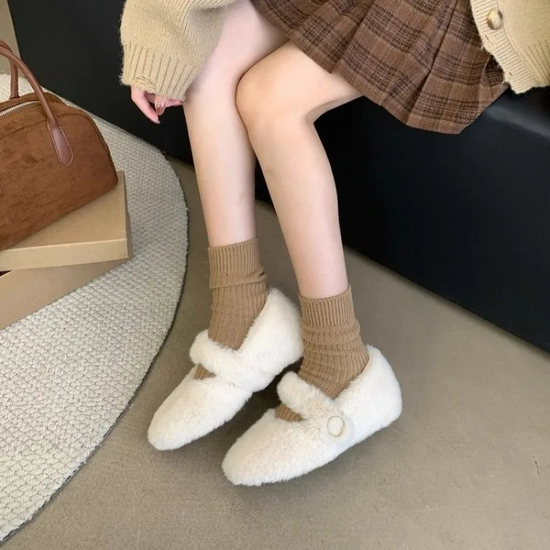 Fairy White Furry Mary Janes Women Warm Mink Fur Shoes Winter Cotton Lined Flats Slip on Ballerinas Ladies Barefoot Wool Loafers view 3