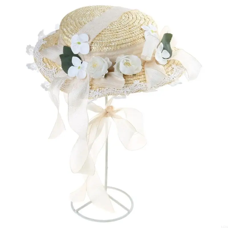 

L5YA Sweet Flat Bonnet Color Flower Ribbon Straw Hat French Women Girls Pastoral Flat Hat Straw Weaving Hats