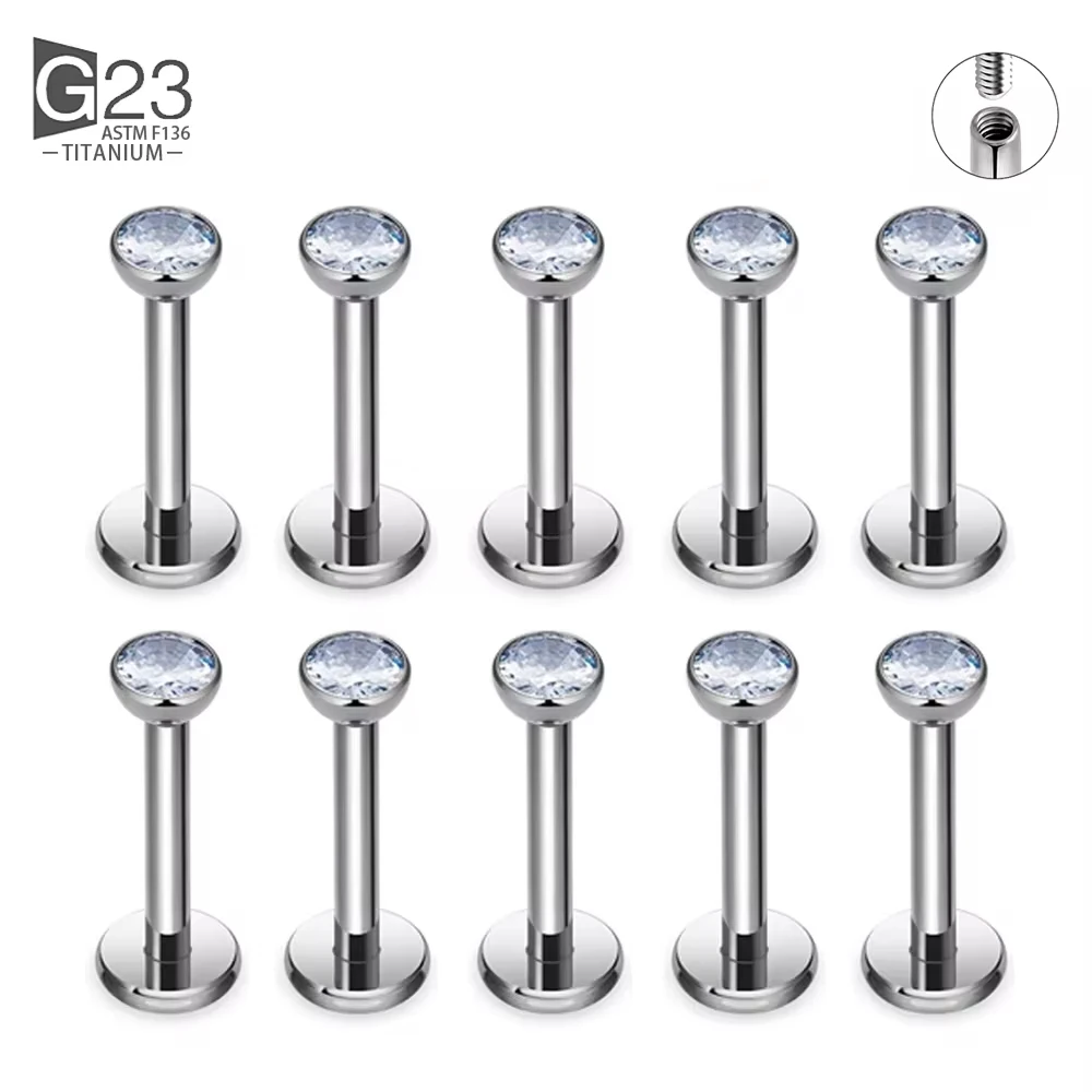 10er/50er-Set G23 Titan Labret Ohr- und Lippenstecker Schmuck mit quadratischem Zirkonia-Kristall für Knorpel, Tragus, Zungenpiercing, Gewinde-Körperschmuck