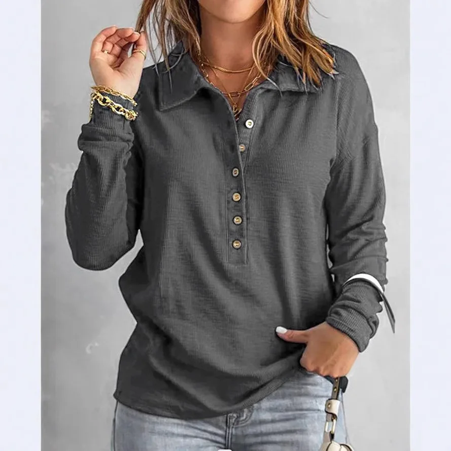 

Autumn And Winter Color Threaded Women's Clothing New Lapel Button-up Top Shirt Long-sleeved Shirt