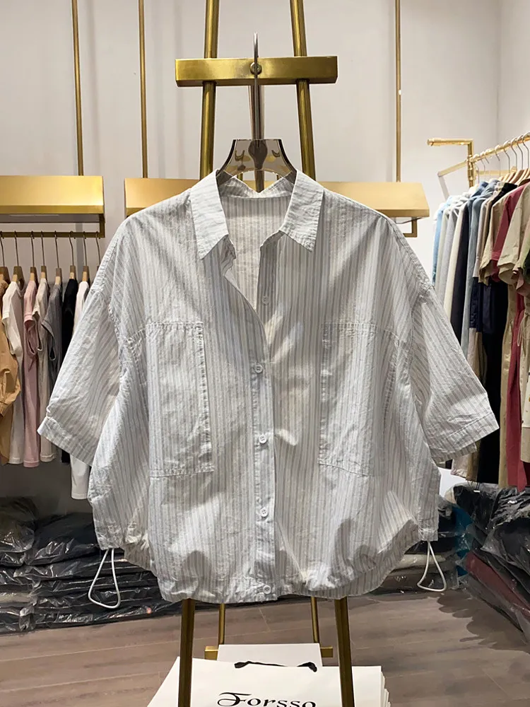 

Женская летняя модная повседневная рубашка с отложным воротником и коротким рукавом в вертикальную полоску, простой однотонный повседневный кардиган с завязками по низу, топ